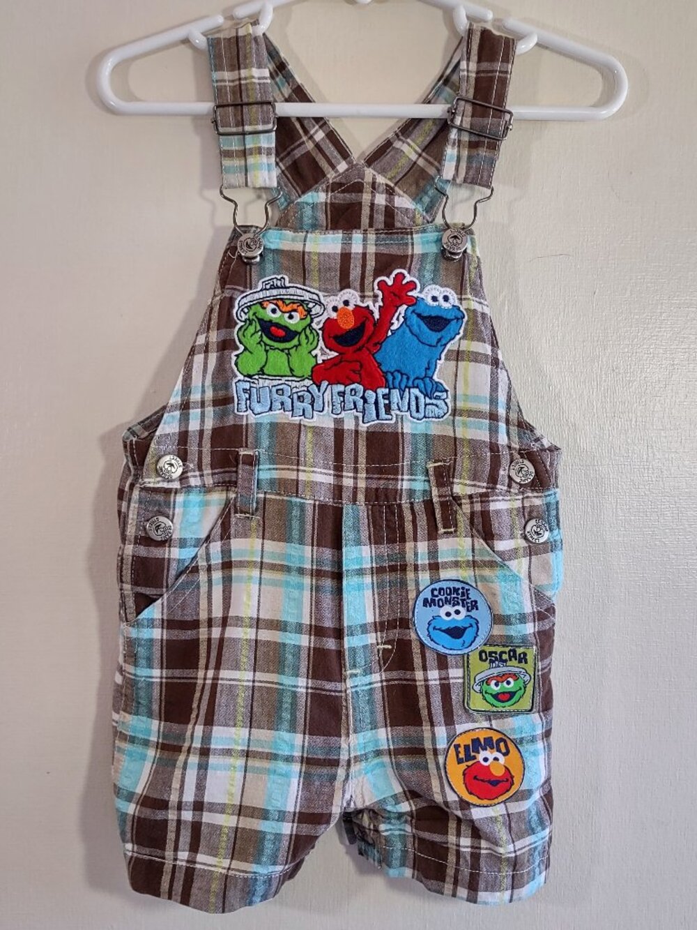Vintage Sesame Street 'Furry Friends Shorts Overalls 18 Months Oscar Elmo Cookie